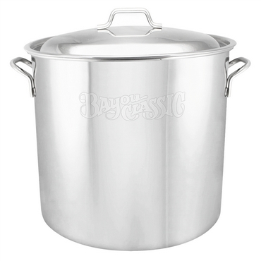 The Bayou Classic Stainless Steel Stock Pot holds up to 40 qt. or 10 gallons.